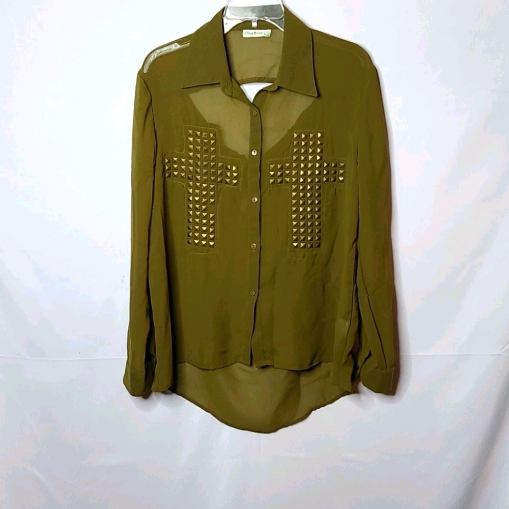 Glam Dollz embellished cross button down shirt Lg